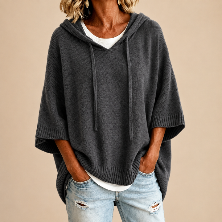 Sorvienne Oversized Hooded Knitted Poncho in Charcoal