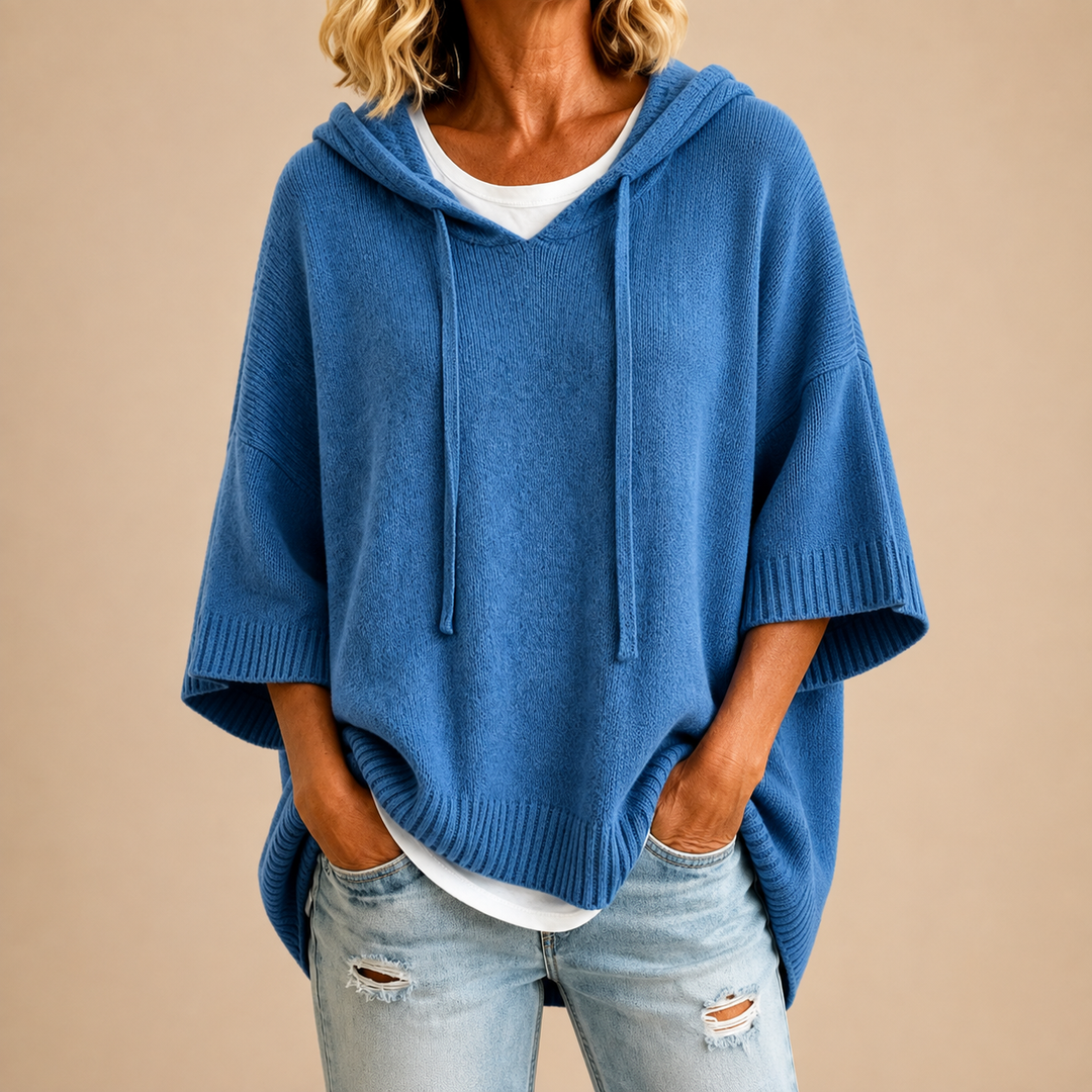 Sorvienne Oversized Hooded Knitted Poncho in Blue
