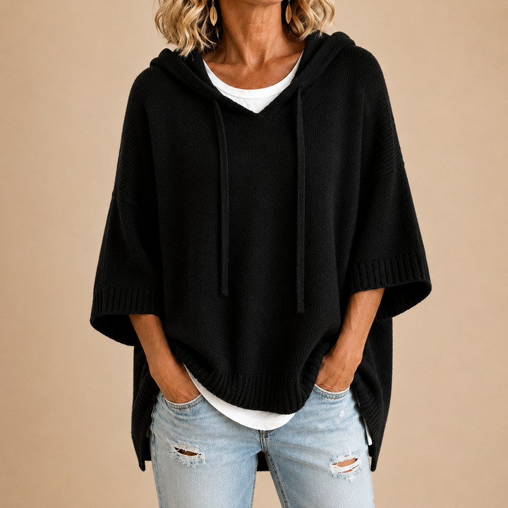 Sorvienne Oversized Hooded Knitted Poncho in Black