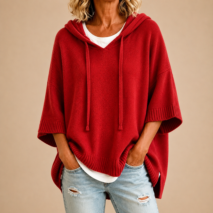 Sorvienne Oversized Hooded Knitted Poncho in Red