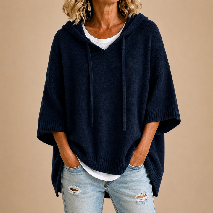 Sorvienne Oversized Hooded Knitted Poncho in Navy
