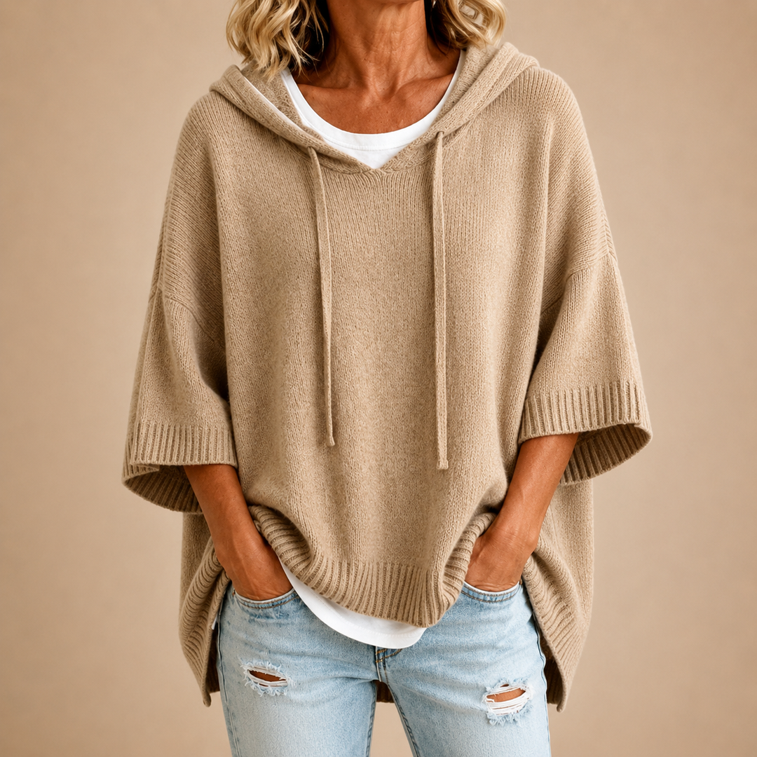 Sorvienne Oversized Hooded Knitted Poncho in Beige