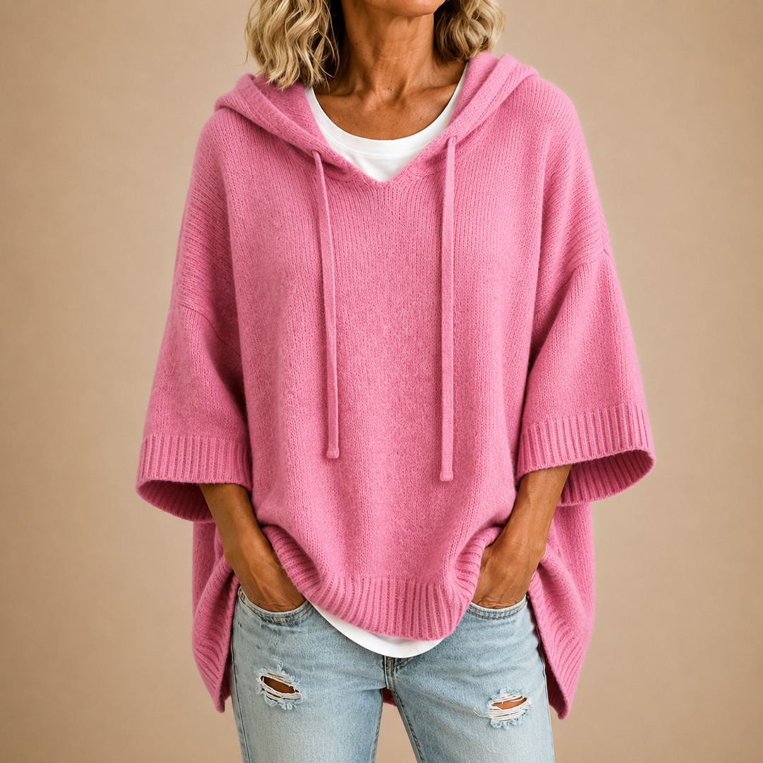 Sorvienne Oversized Hooded Knitted Poncho in Pink
