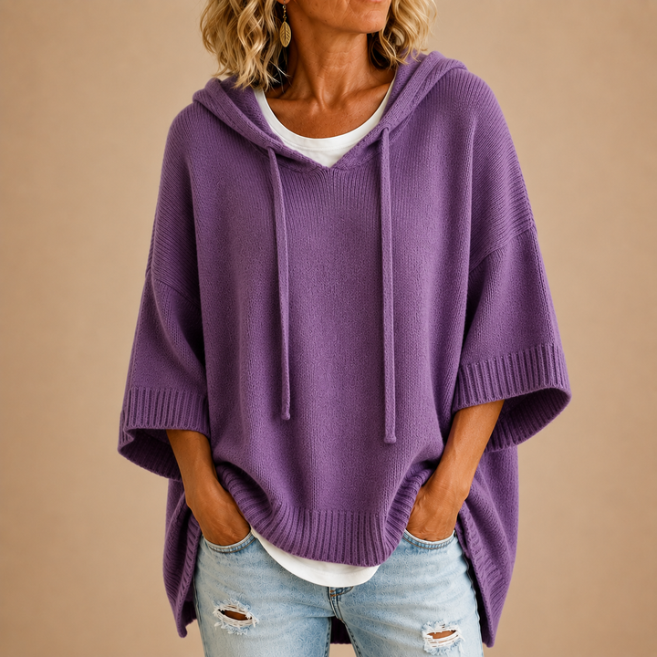 Sorvienne Oversized Hooded Knitted Poncho in Purple