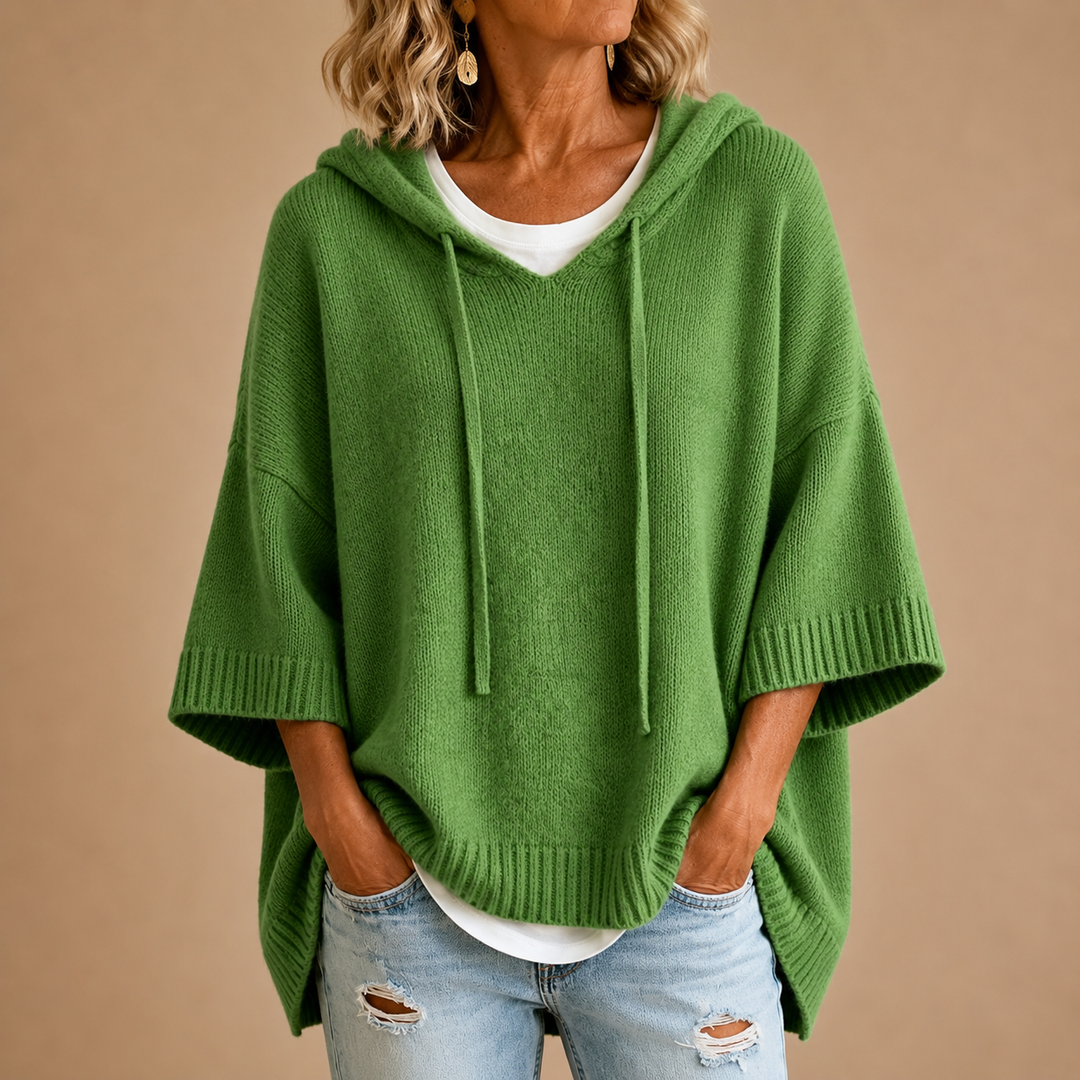 Sorvienne Oversized Hooded Knitted Poncho in Green