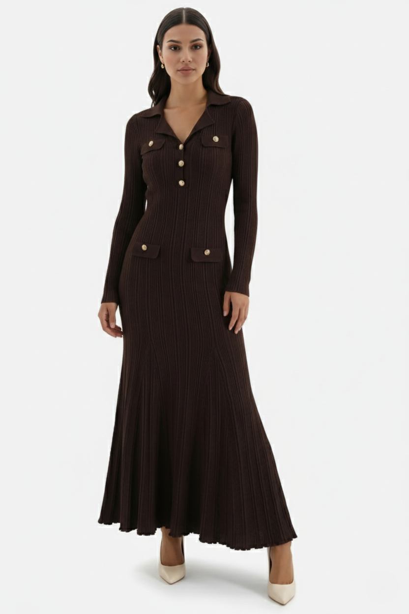 Long Sleeve Ribbed Knit Maxi Dress Polo Collar - Slim Fit Mermaid Hem - Siopie