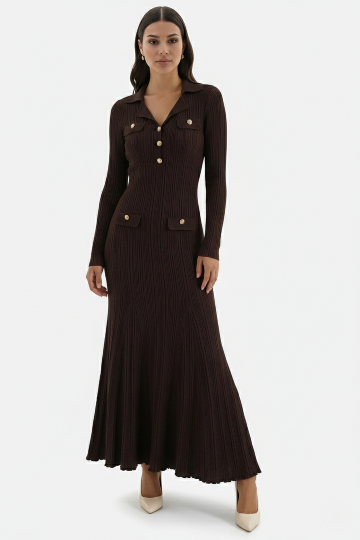 Long Sleeve Ribbed Knit Maxi Dress Polo Collar - Slim Fit Mermaid Hem - Siopie