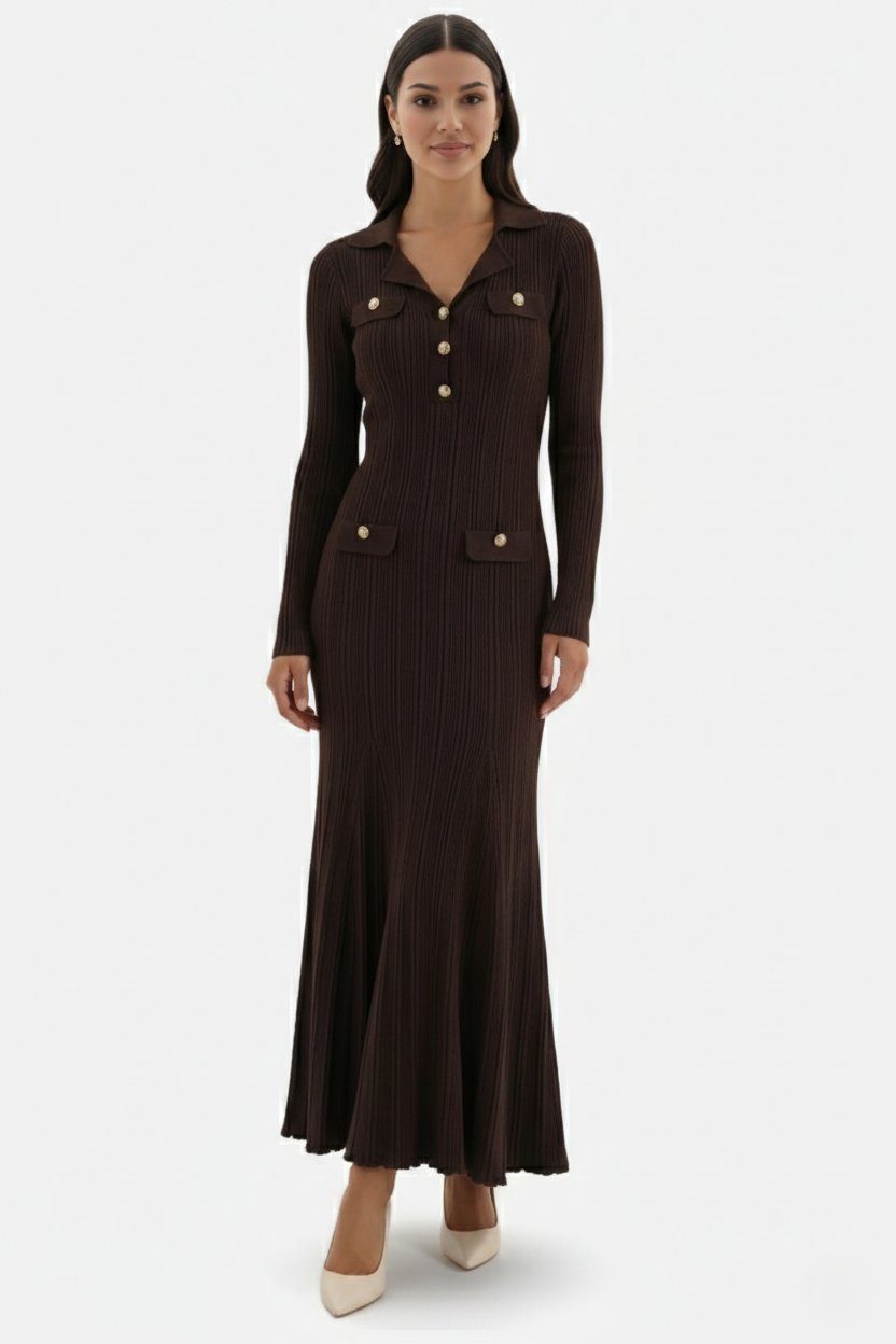 Long Sleeve Ribbed Knit Maxi Dress Polo Collar - Slim Fit Mermaid Hem - Siopie