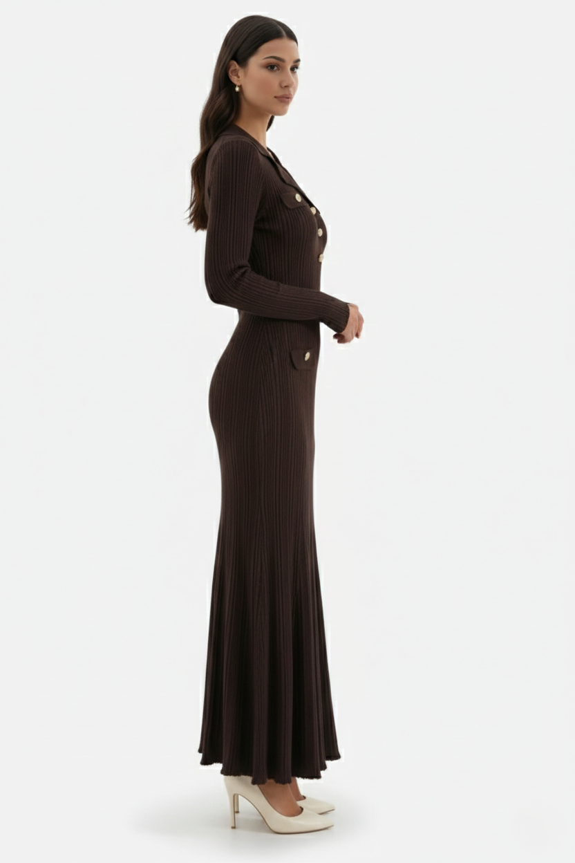 Long Sleeve Ribbed Knit Maxi Dress Polo Collar - Slim Fit Mermaid Hem - Siopie