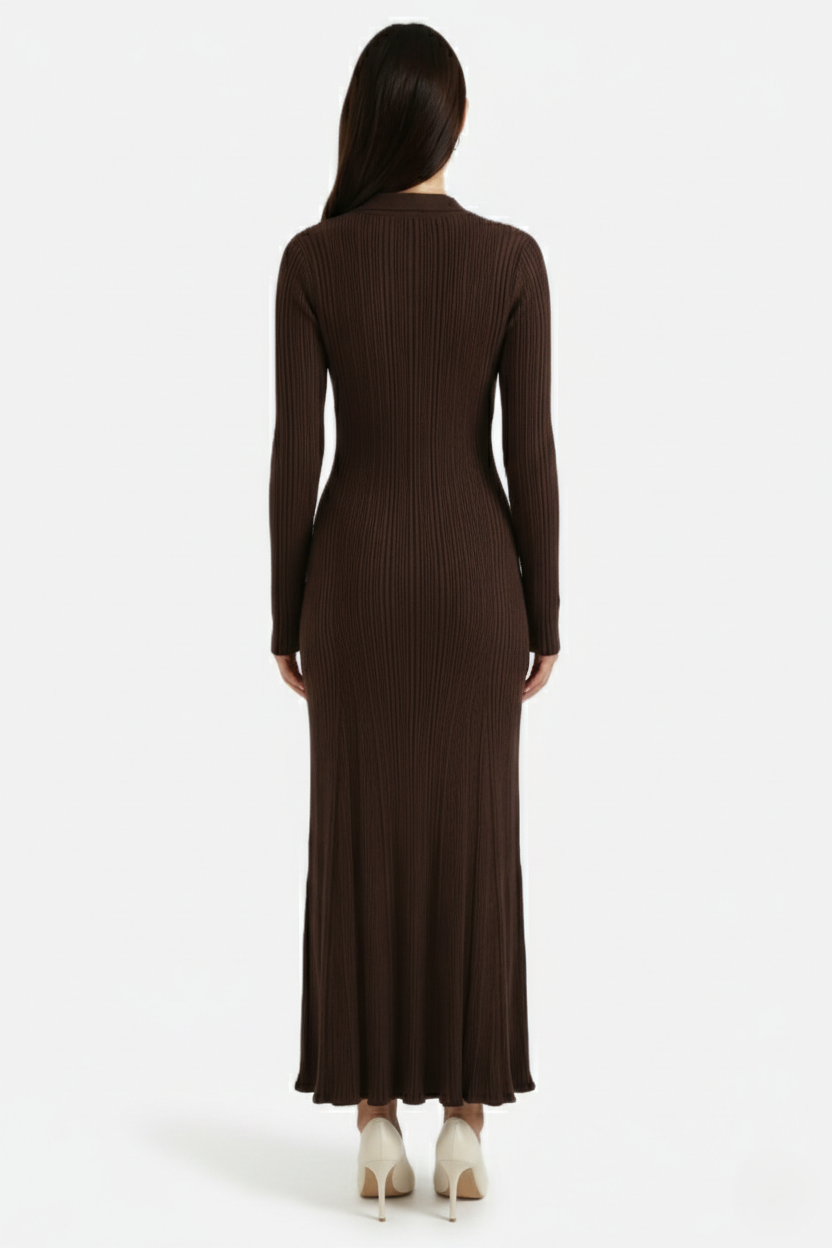 Long Sleeve Ribbed Knit Maxi Dress Polo Collar - Slim Fit Mermaid Hem - Siopie
