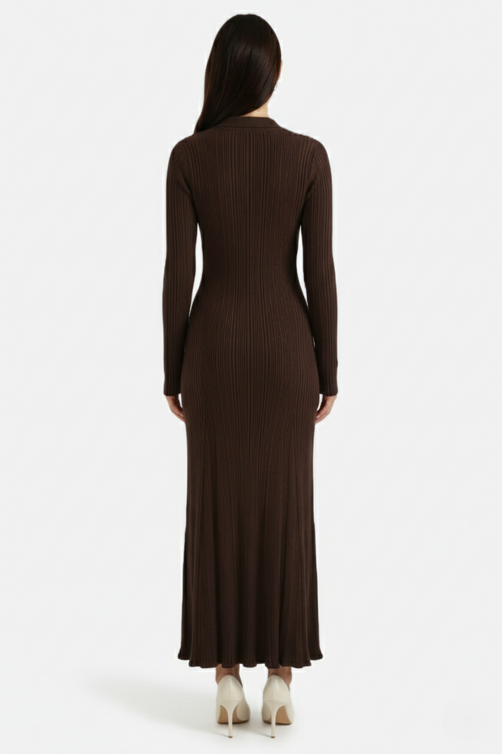 Long Sleeve Ribbed Knit Maxi Dress Polo Collar - Slim Fit Mermaid Hem - Siopie