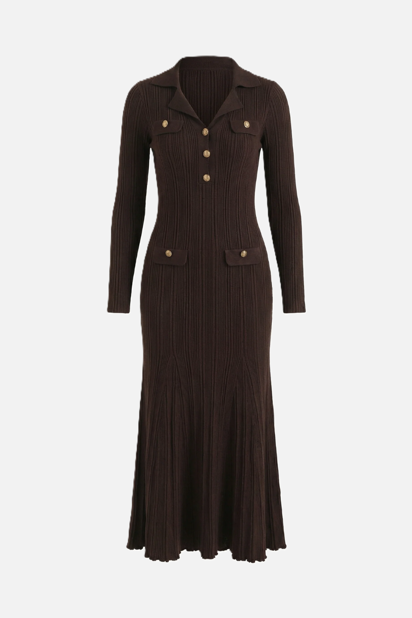 Long Sleeve Ribbed Knit Maxi Dress Polo Collar - Slim Fit Mermaid Hem - Siopie