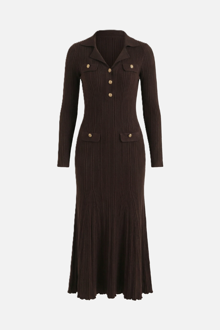 Long Sleeve Ribbed Knit Maxi Dress Polo Collar - Slim Fit Mermaid Hem - Siopie