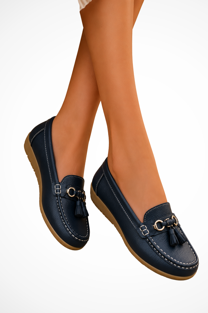 Sorvienne Tassel Leather Orthopaedic Loafers in Dark Blue