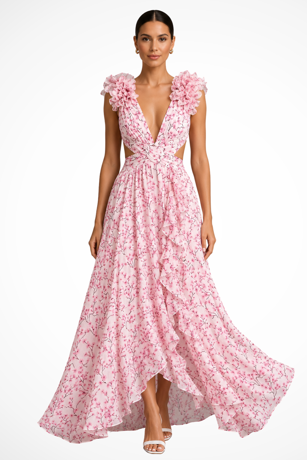 Sorvienne Floral Ruffle V-Neck Flowing Maxi Dress in Pink