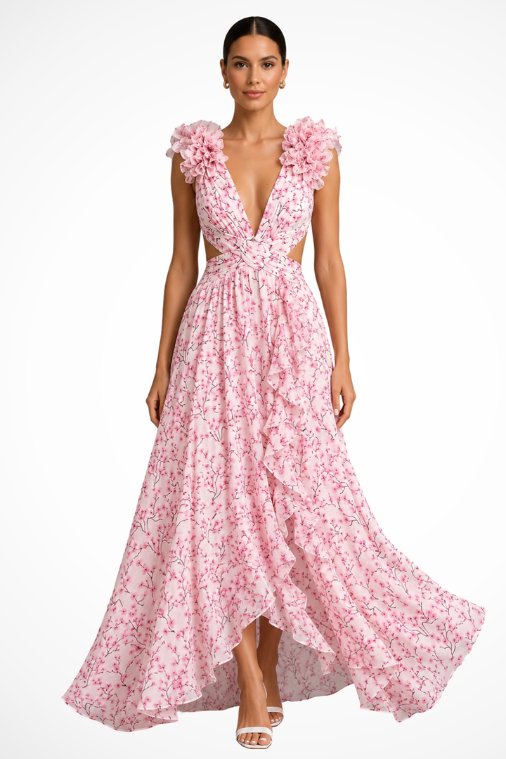 Sorvienne Floral Ruffle V-Neck Flowing Maxi Dress in Pink