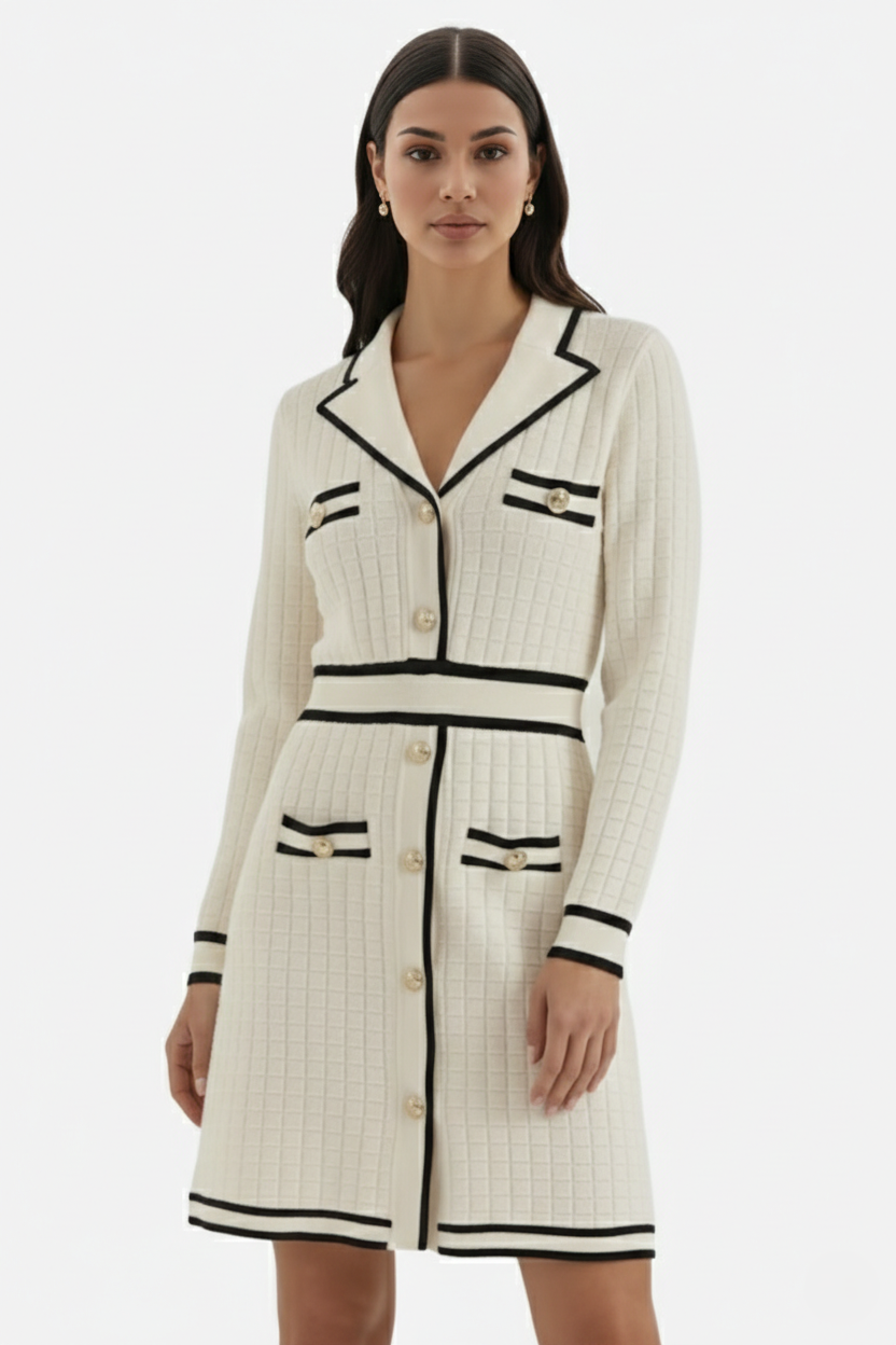 Contrast Trim Knit Cardigan Dress Long Sleeve Button Down with Metallic Buttons - Siopie