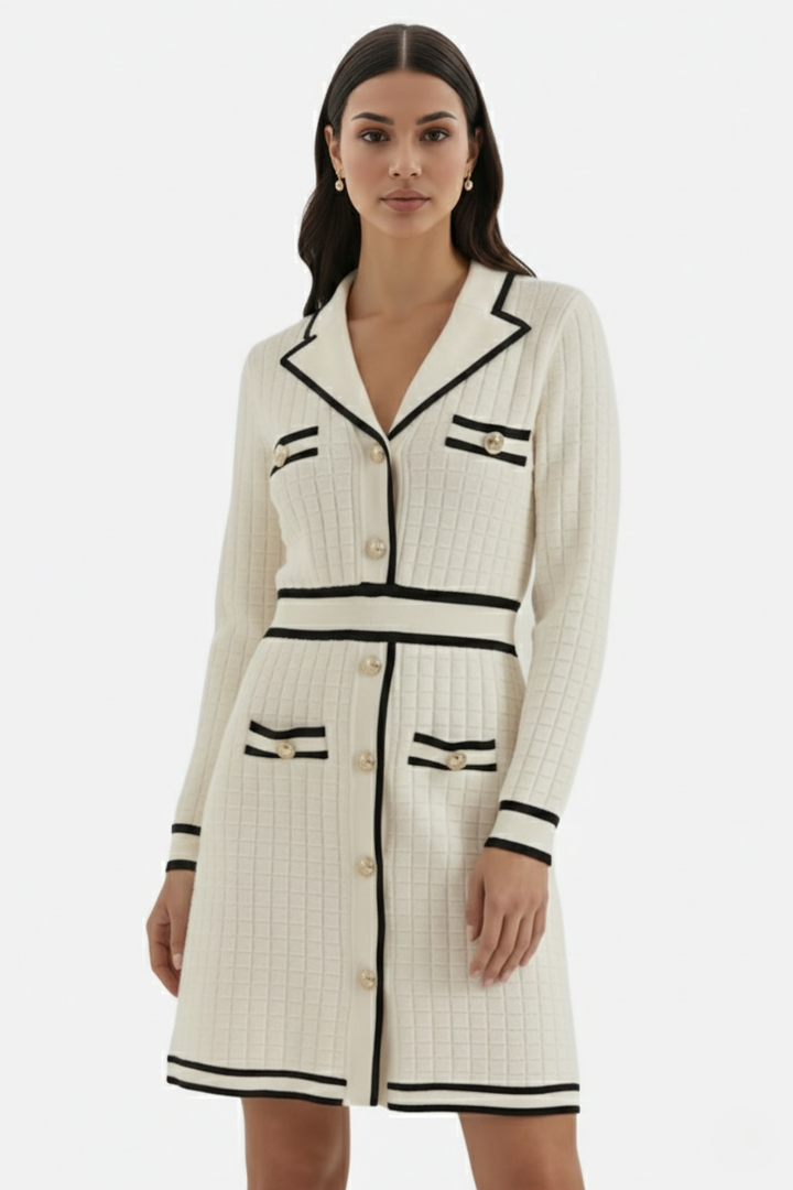 Contrast Trim Knit Cardigan Dress Long Sleeve Button Down with Metallic Buttons - Siopie