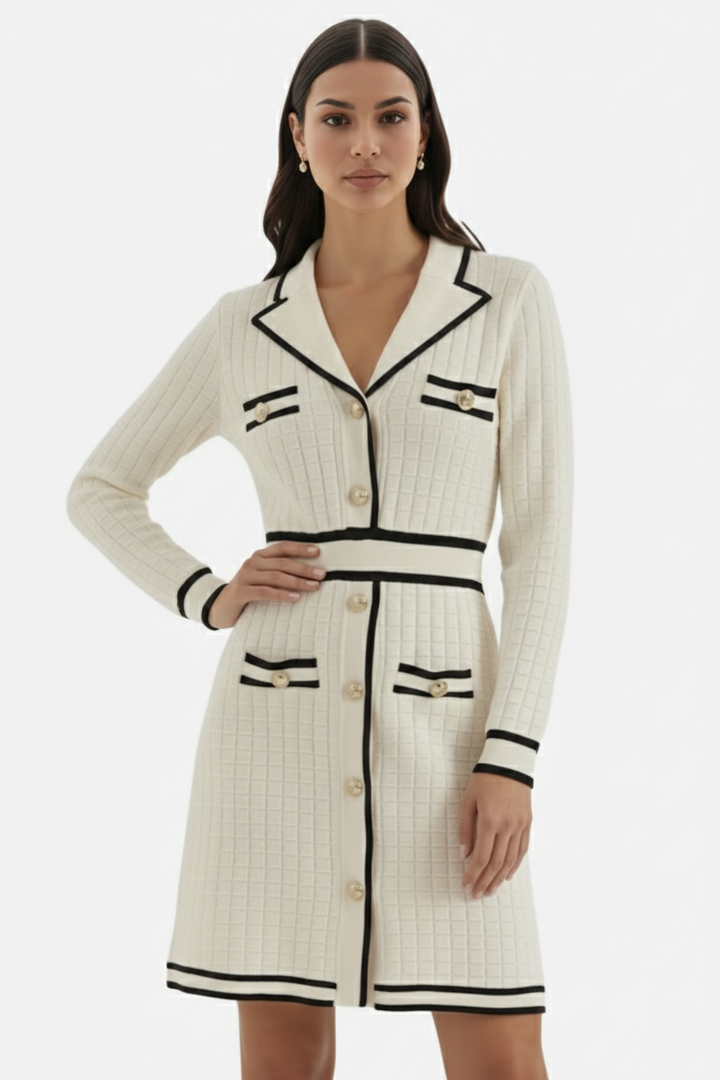 Contrast Trim Knit Cardigan Dress Long Sleeve Button Down with Metallic Buttons - Siopie