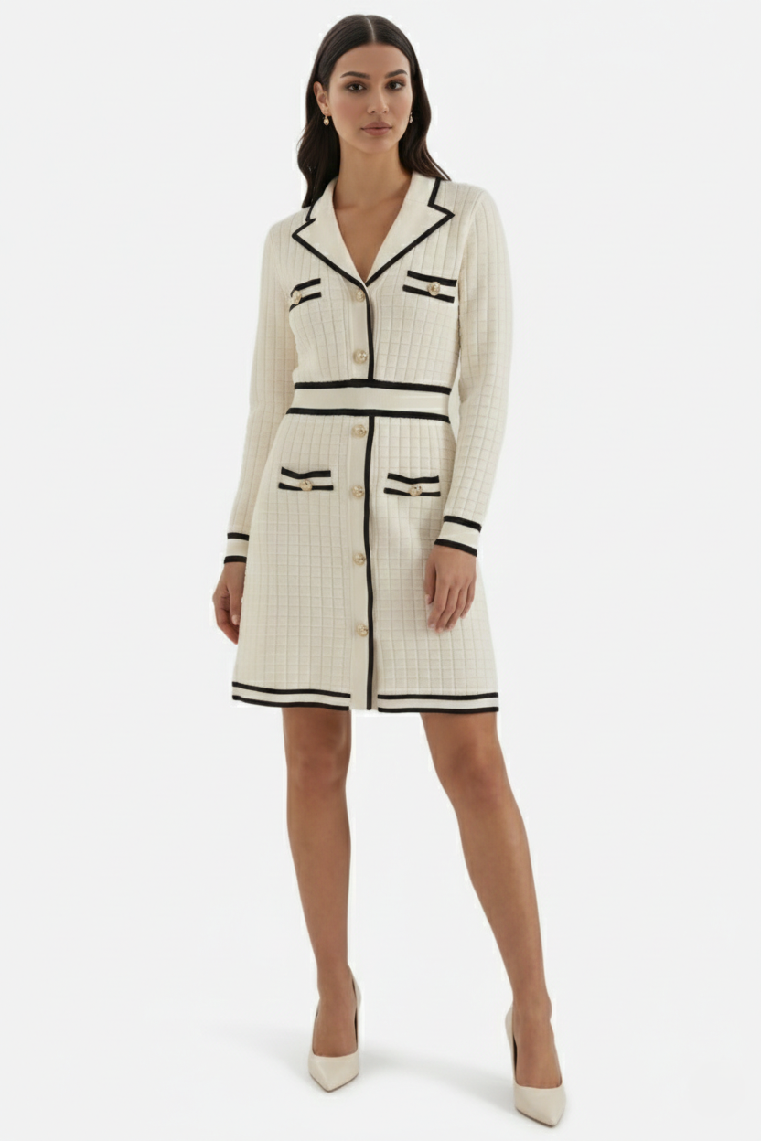 Contrast Trim Knit Cardigan Dress Long Sleeve Button Down with Metallic Buttons - Siopie