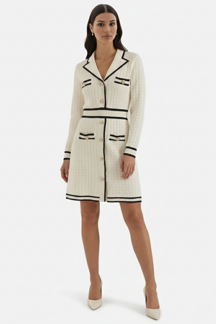 Contrast Trim Knit Cardigan Dress Long Sleeve Button Down with Metallic Buttons - Siopie