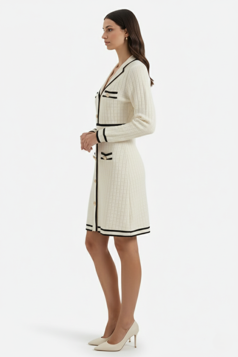 Contrast Trim Knit Cardigan Dress Long Sleeve Button Down with Metallic Buttons - Siopie