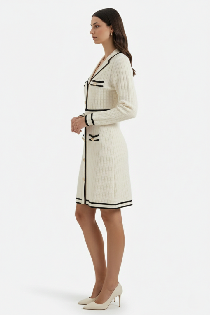 Contrast Trim Knit Cardigan Dress Long Sleeve Button Down with Metallic Buttons - Siopie