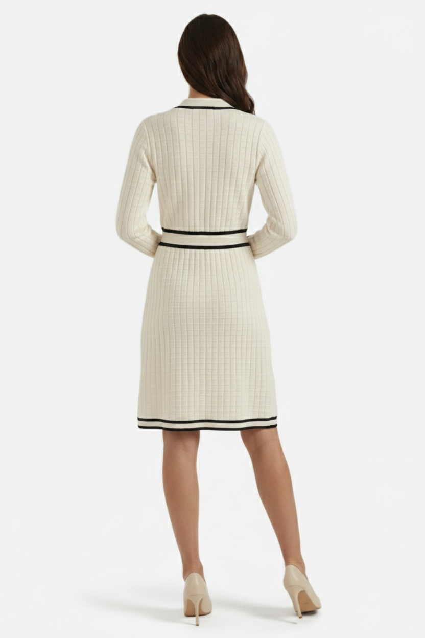 Contrast Trim Knit Cardigan Dress Long Sleeve Button Down with Metallic Buttons - Siopie