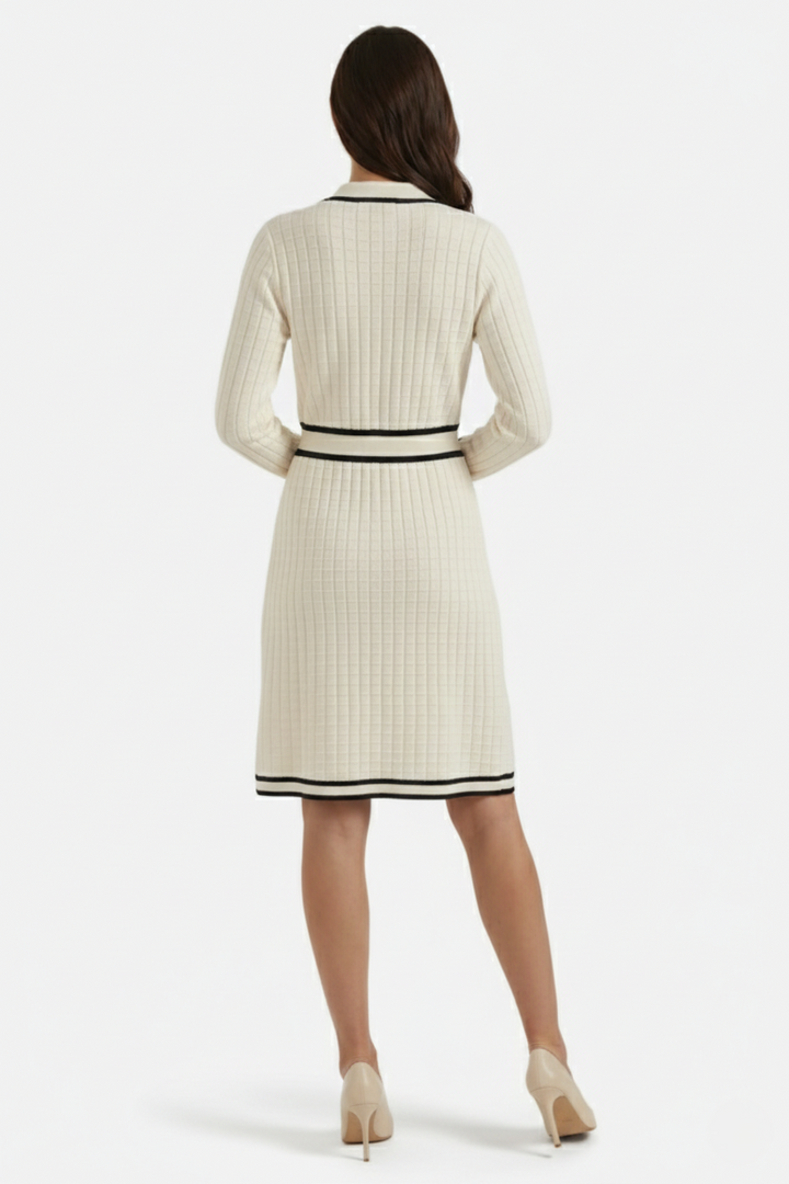 Contrast Trim Knit Cardigan Dress Long Sleeve Button Down with Metallic Buttons - Siopie