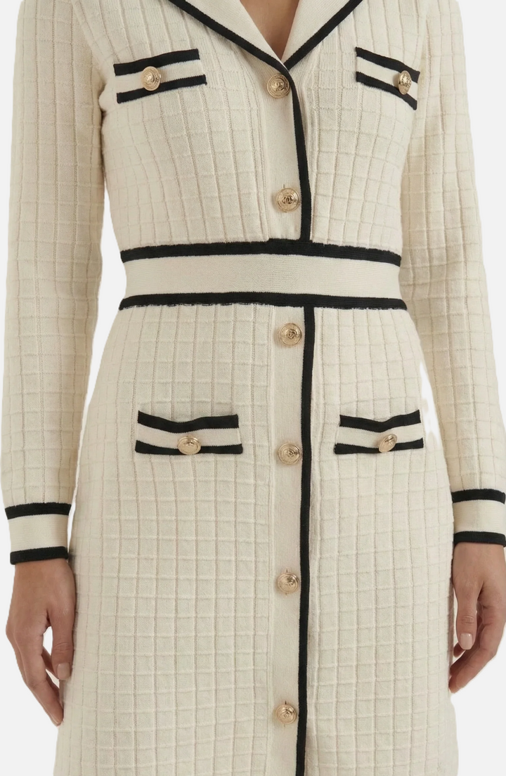 Contrast Trim Knit Cardigan Dress Long Sleeve Button Down with Metallic Buttons - Siopie