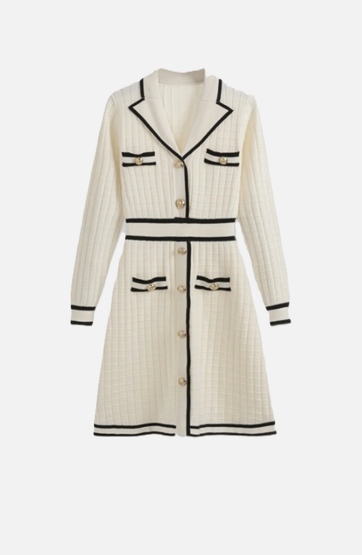Contrast Trim Knit Cardigan Dress Long Sleeve Button Down with Metallic Buttons - Siopie