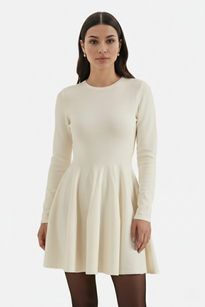 Knitted Long Sleeve Skater Dress - Fit and Flare A-Line Mini - Siopie