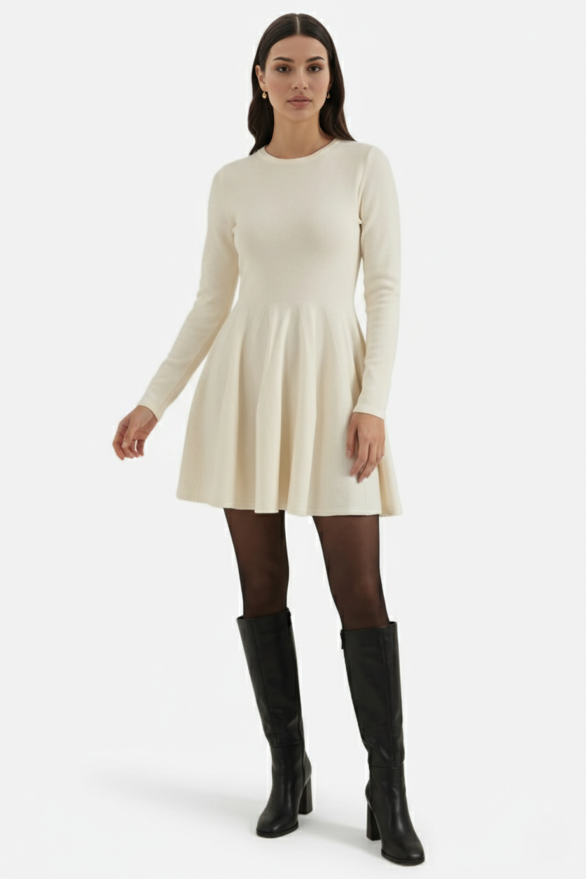 Knitted Long Sleeve Skater Dress - Fit and Flare A-Line Mini - Siopie