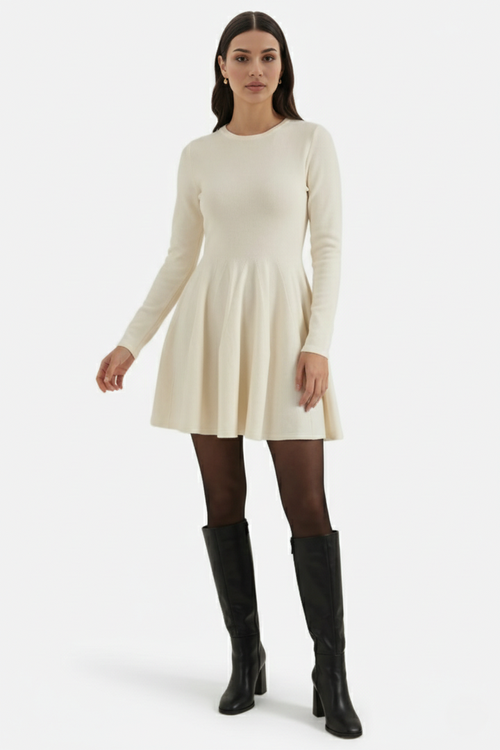 Knitted Long Sleeve Skater Dress - Fit and Flare A-Line Mini - Siopie