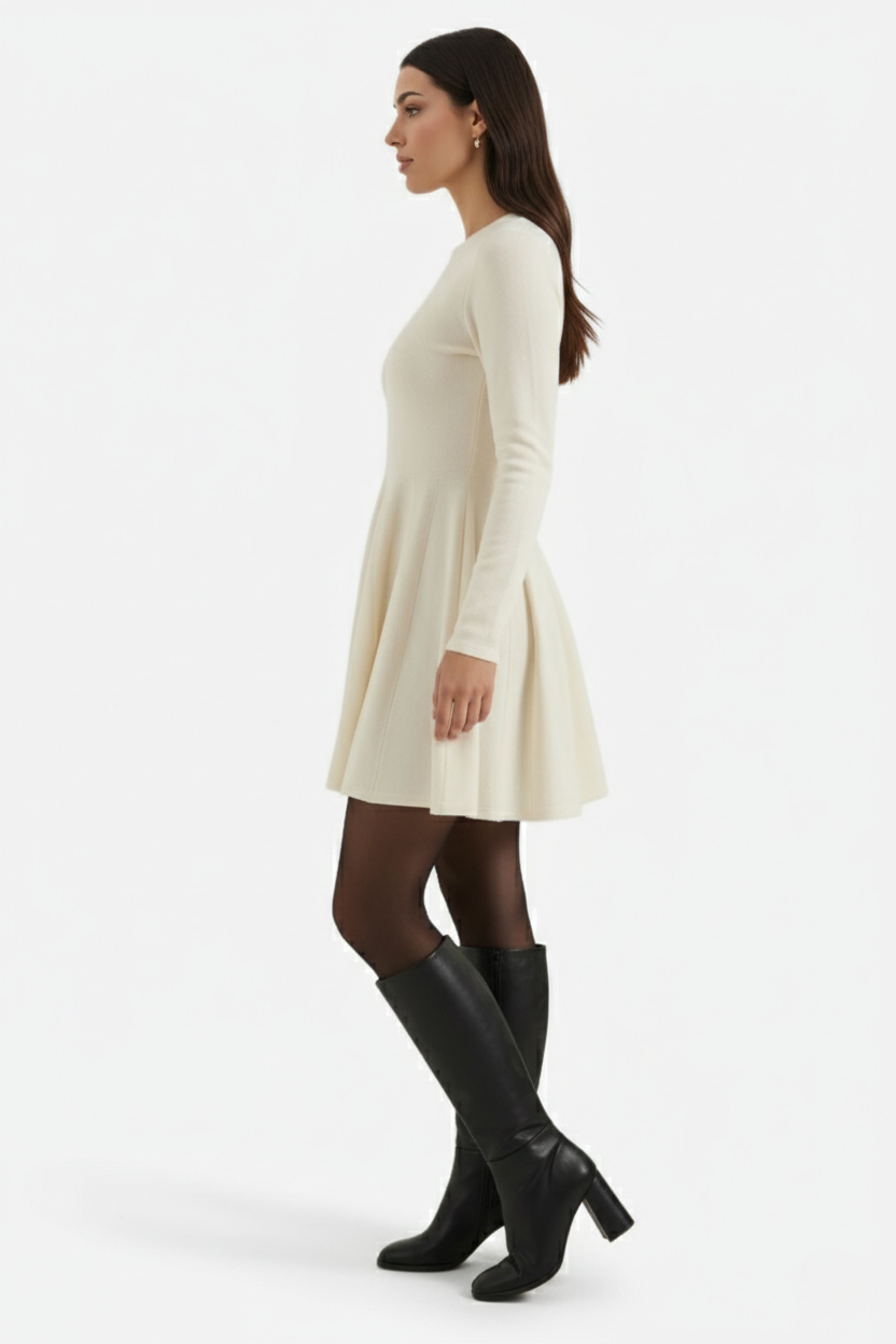 Knitted Long Sleeve Skater Dress - Fit and Flare A-Line Mini - Siopie