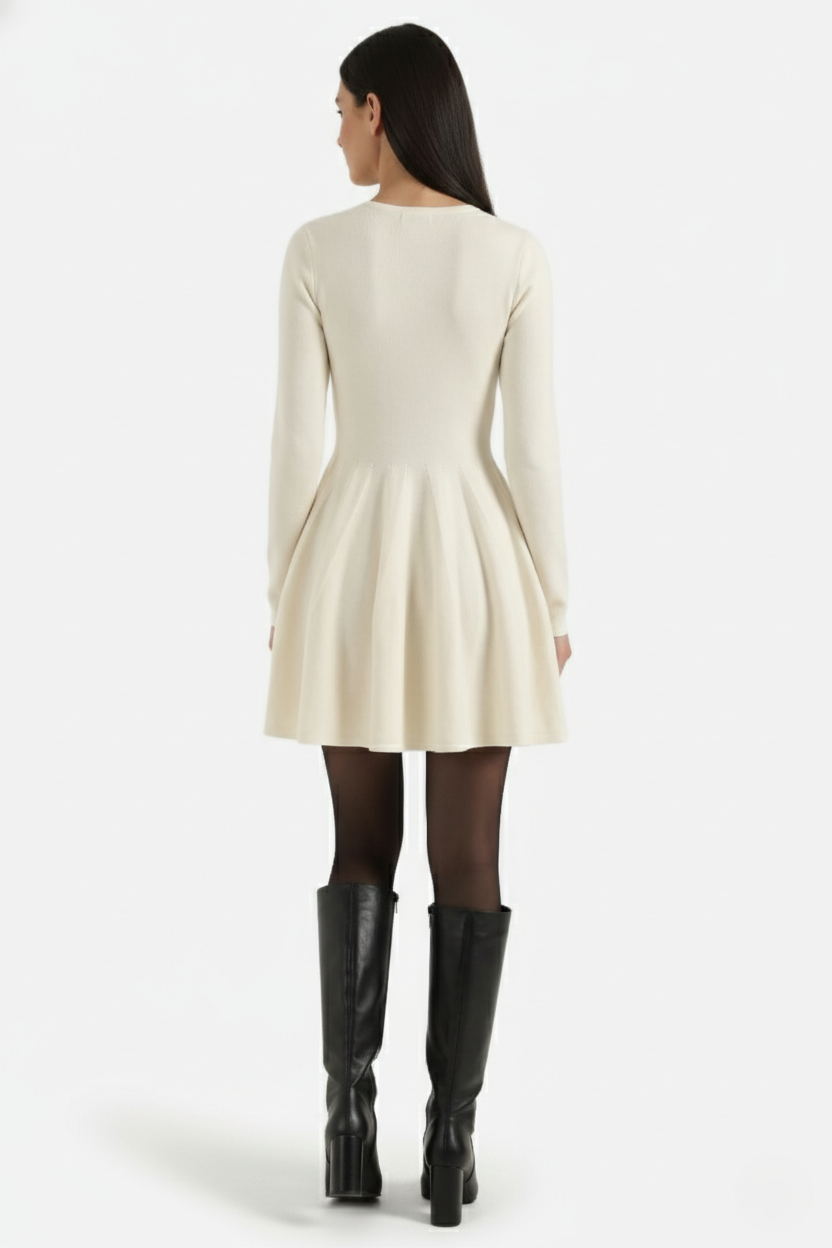 Knitted Long Sleeve Skater Dress - Fit and Flare A-Line Mini - Siopie