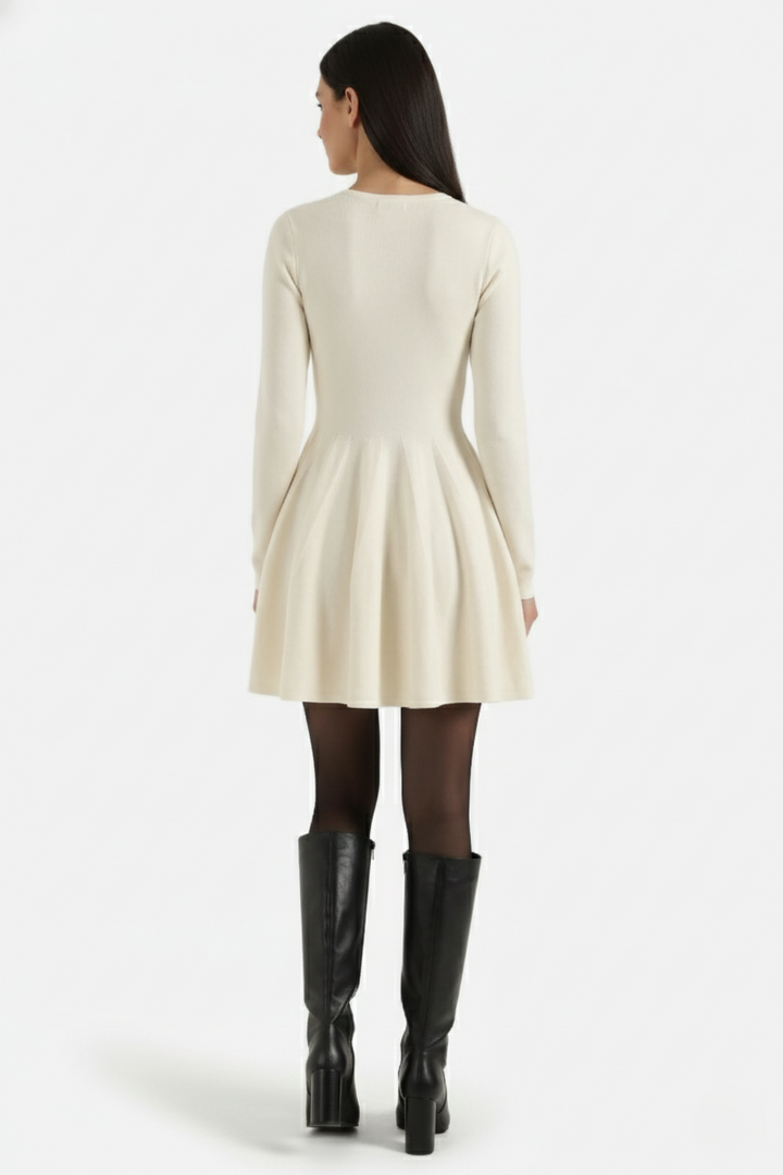 Knitted Long Sleeve Skater Dress - Fit and Flare A-Line Mini - Siopie