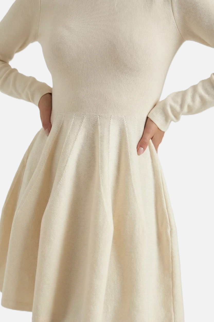 Knitted Long Sleeve Skater Dress - Fit and Flare A-Line Mini - Siopie