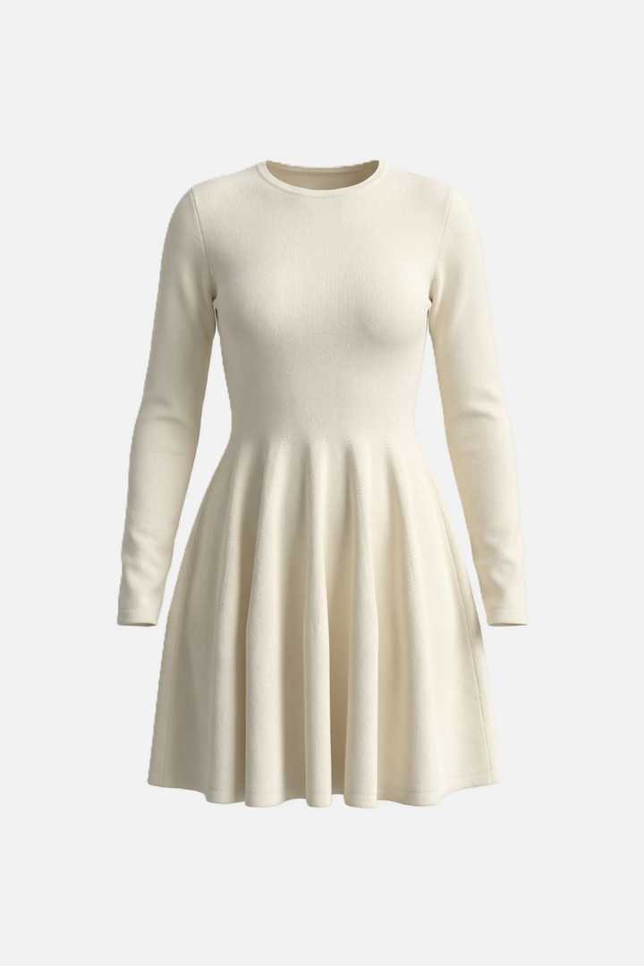 Knitted Long Sleeve Skater Dress - Fit and Flare A-Line Mini - Siopie