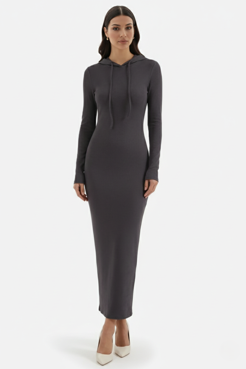Hooded Bodycon Maxi Dress Long Sleeve Casual Streetwear - Siopie