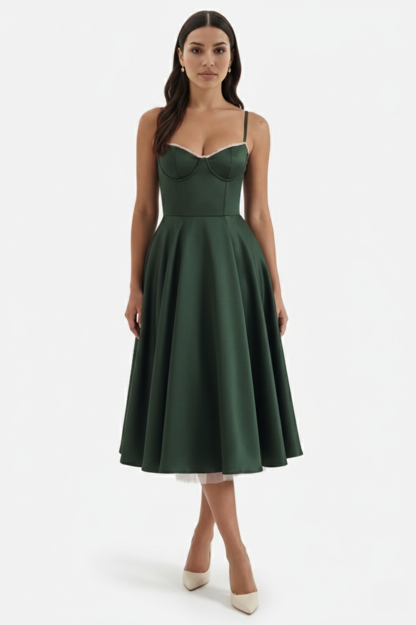 Sweetheart Bustier Midi Dress with Full Circle Skirt and Tulle Hem - Siopie