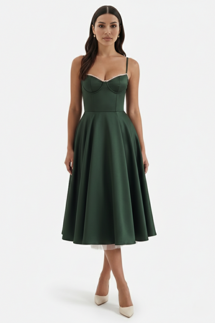 Sweetheart Bustier Midi Dress with Full Circle Skirt and Tulle Hem - Siopie