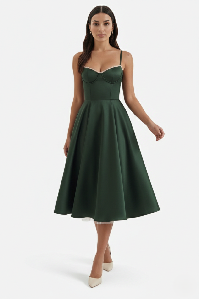 Sweetheart Bustier Midi Dress with Full Circle Skirt and Tulle Hem - Siopie
