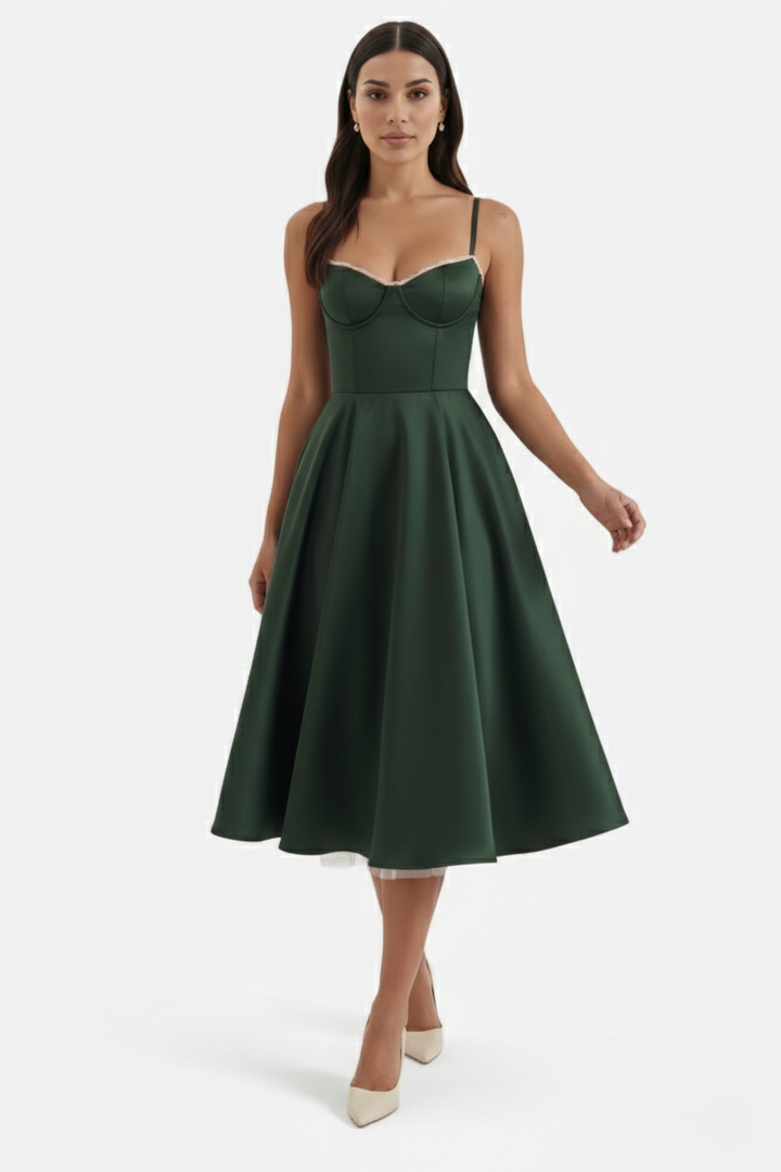 Sweetheart Bustier Midi Dress with Full Circle Skirt and Tulle Hem - Siopie