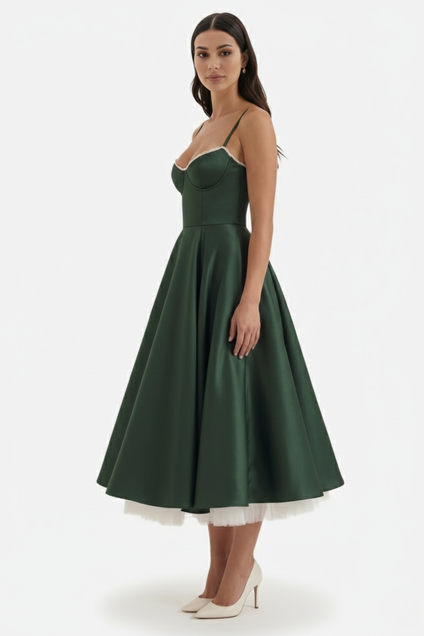 Sweetheart Bustier Midi Dress with Full Circle Skirt and Tulle Hem - Siopie