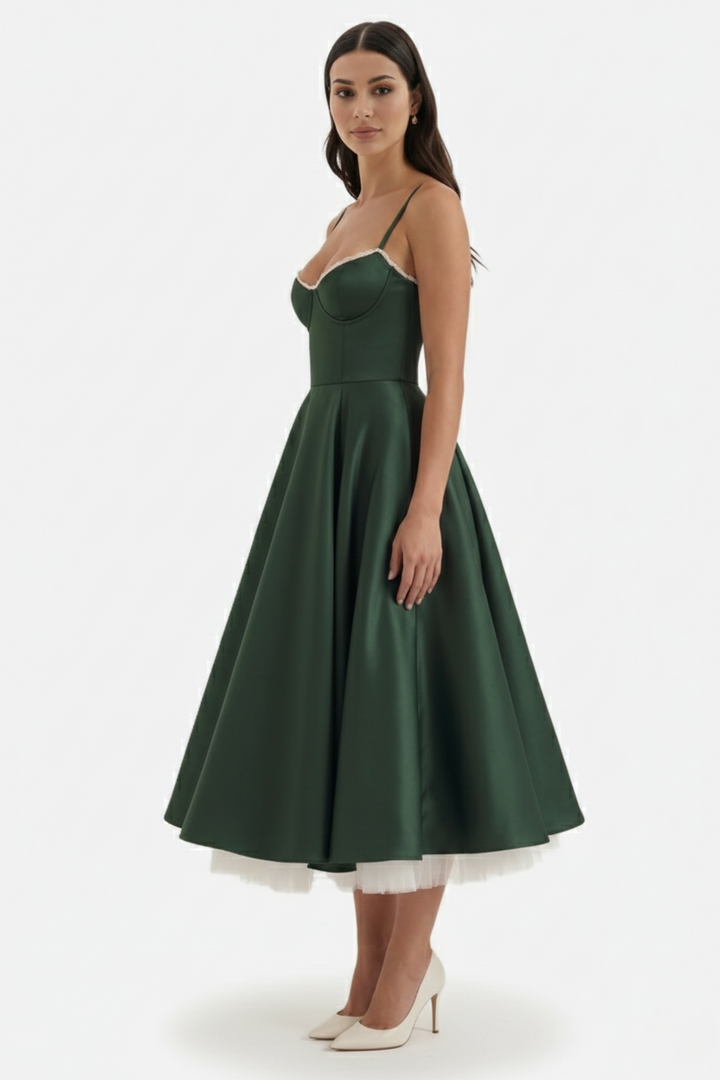 Sweetheart Bustier Midi Dress with Full Circle Skirt and Tulle Hem - Siopie