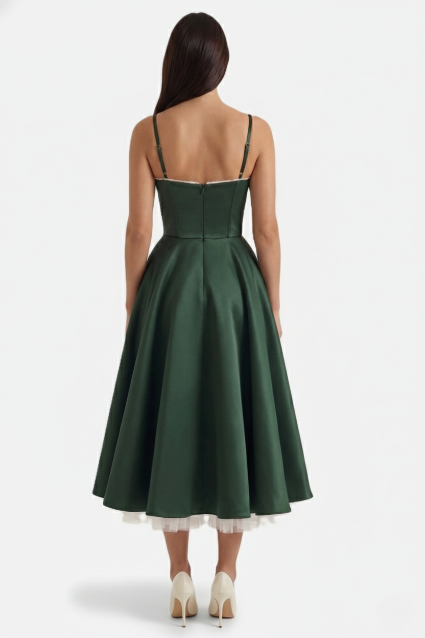 Sweetheart Bustier Midi Dress with Full Circle Skirt and Tulle Hem - Siopie