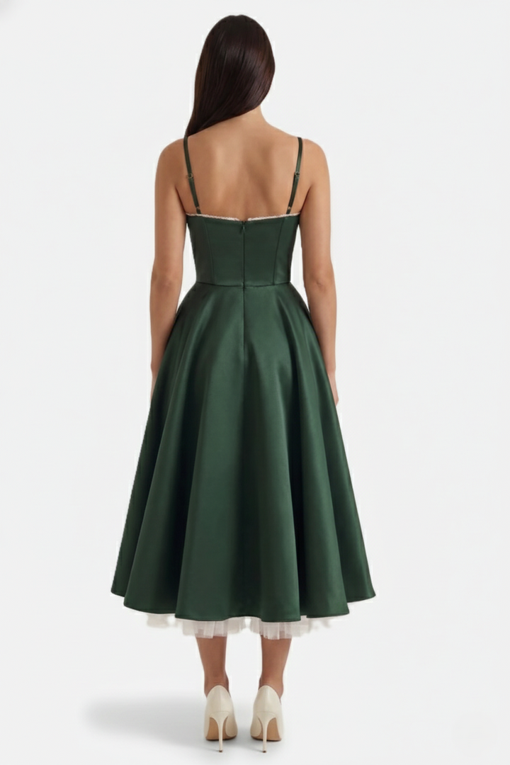 Sweetheart Bustier Midi Dress with Full Circle Skirt and Tulle Hem - Siopie