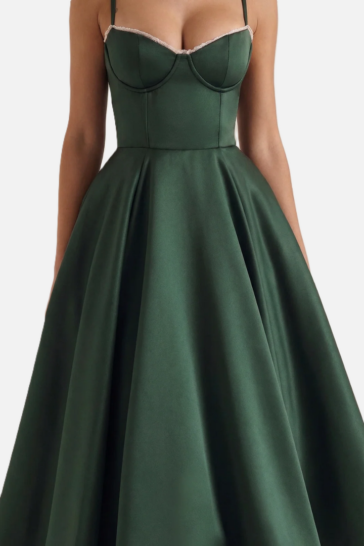 Sweetheart Bustier Midi Dress with Full Circle Skirt and Tulle Hem - Siopie