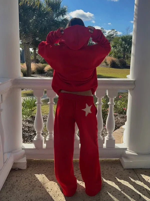 Sorvienne Oversized Star Patch Hoodie and Joggers Set in Red